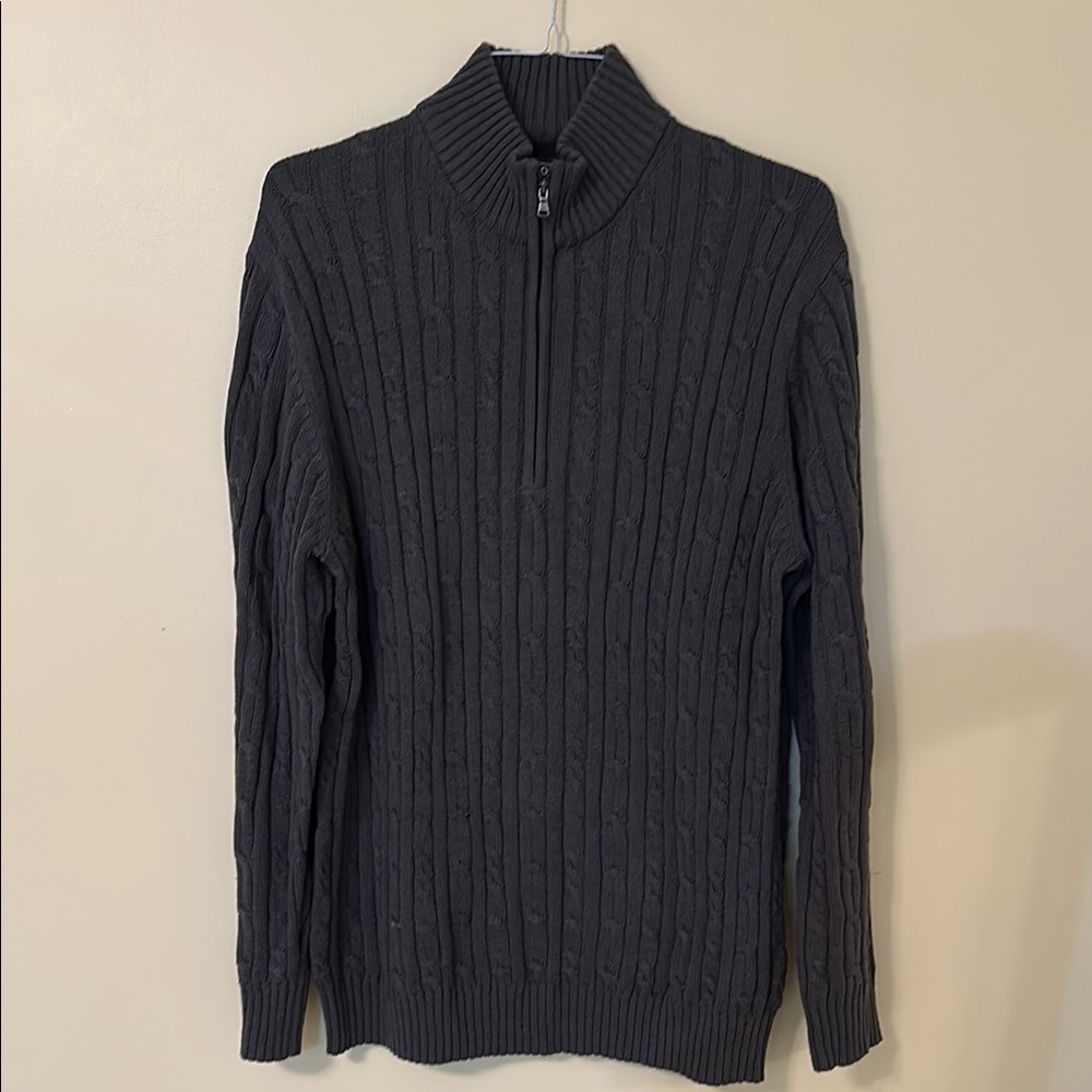 Izod Gray Zip Up Sweater with Ribbed Knit and Mock Turtleneck